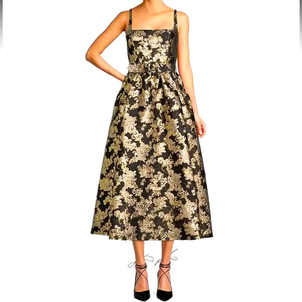 Antonio Melani Black and Gold Metallic A-line Midi Dress